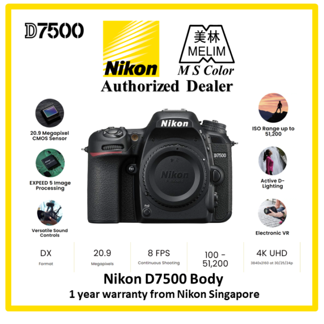 Nikon D7500 Body | 20.9MP DX-Format CMOS | EXPEED 5 | 3.2" 922k-Dot LCD | 4K UHD | Multi-CAM 3500FX II 51-Point AF | ISO up to 102,400 | 8 Fps | SnapBridge Bluetooth and Wi-Fi | 180k-Pixel RGB Sensor and Group Area AF