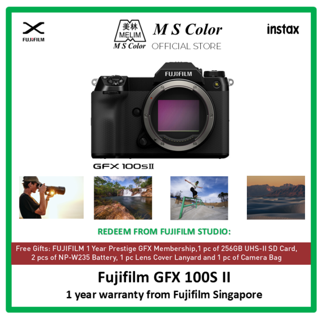 [READY STOCK + FREE GIFTS] Fujifilm GFX 100S II Medium Format Mirrorless Camera | 102MP 43.8 x 32.9mm BSI CMOS II | X-Processor 5 | 4K30 Video; F-Log | 5.76m-Dot OLED EVF | 3.2" 2.36m-Dot Tilting Touchscreen LCD | 5-Axis IBIS | ISO 80-12800, up to 7 fps